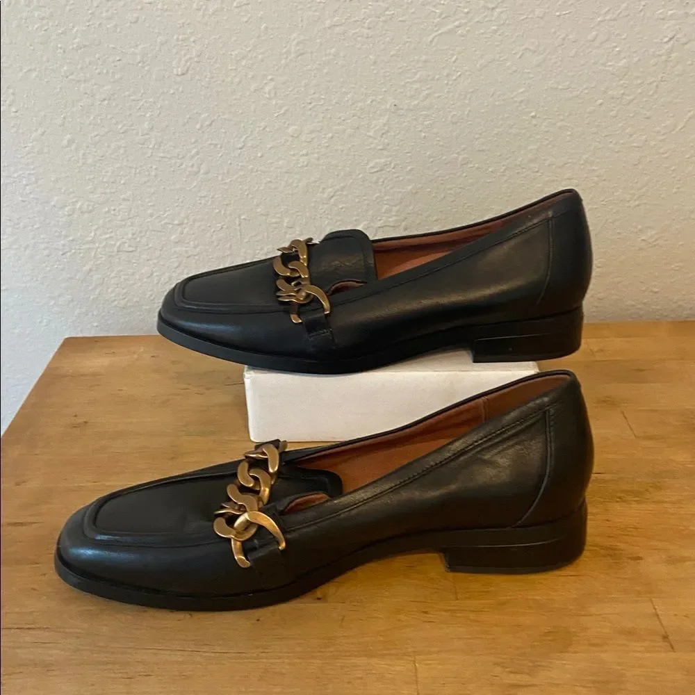 Vionic Black Leather Mizelle Gold Chain Slip On Loafer Flat Shoes Size 9